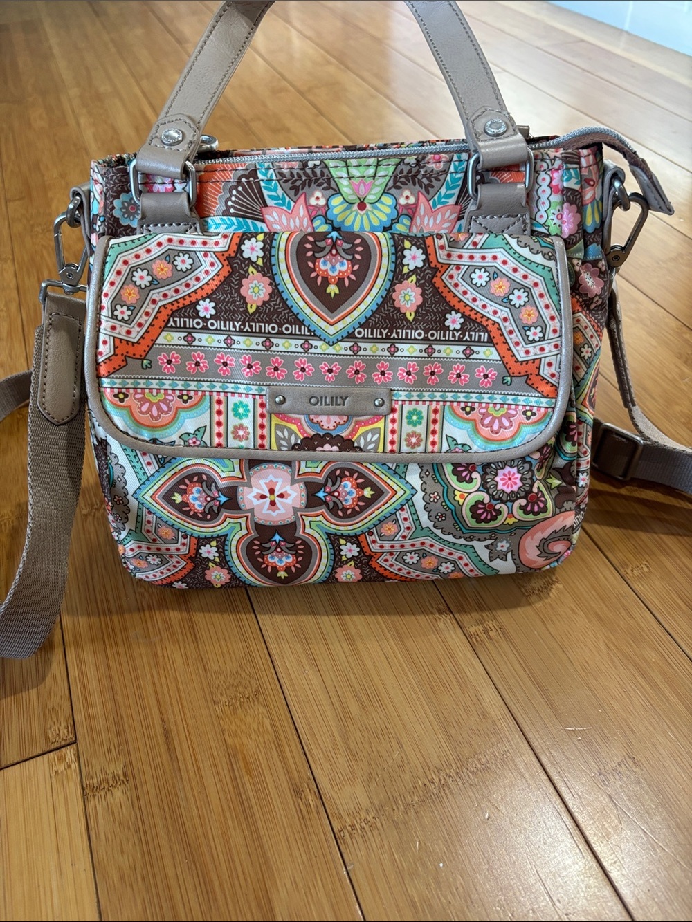 Oilily Pink Coral Multi Floral Pattern Crossbody Bag